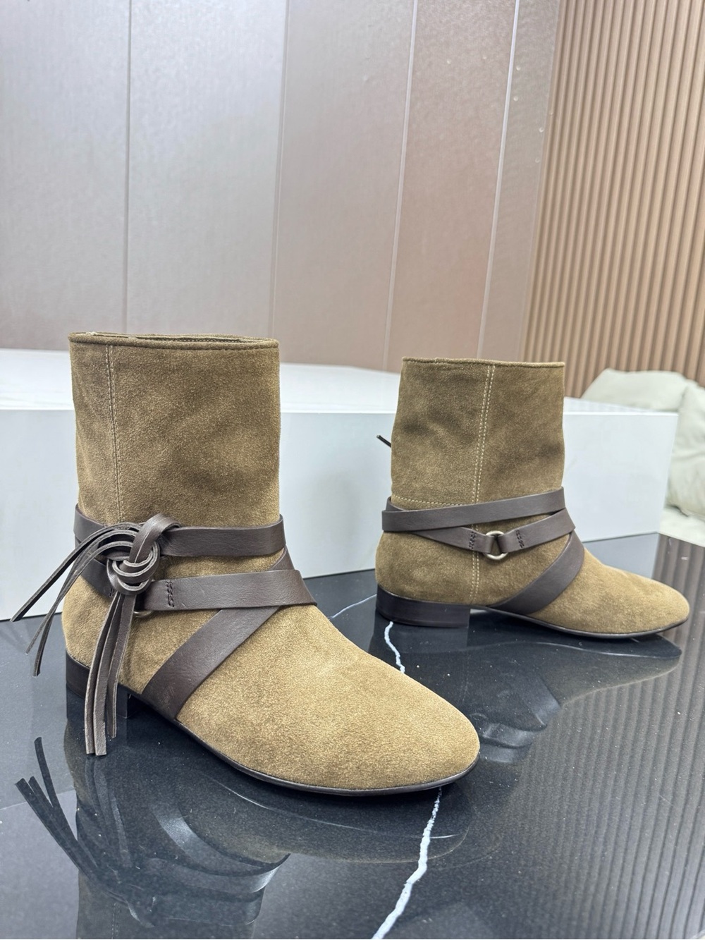 Isabel Marant Olive Suede Ankle Boots with Dark Brown Leather Straps - Picture 2 of 8